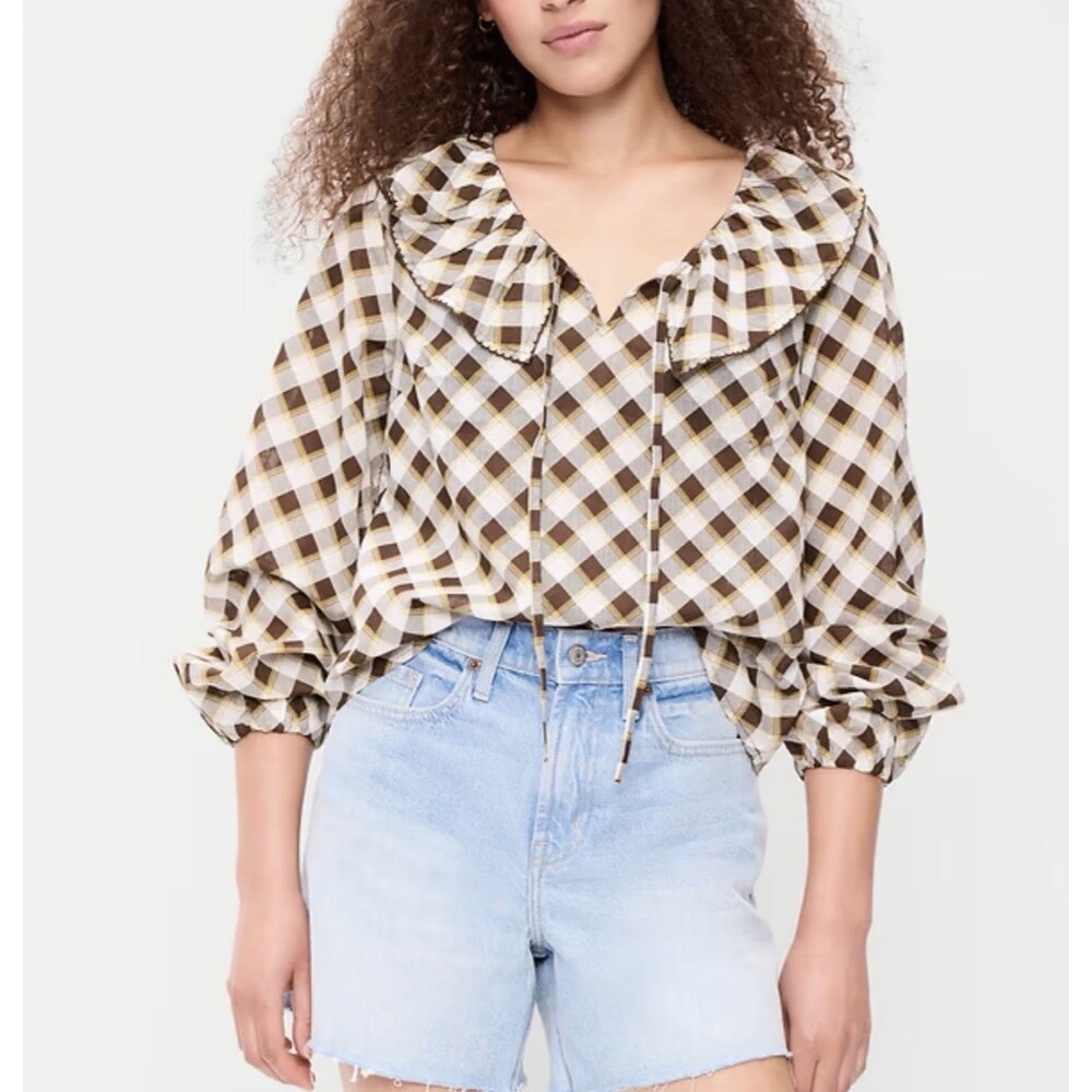 Old Navy Top Long Sleeve Ruffle Tie Neck Brown Minimalist Work Preppy Large NWT